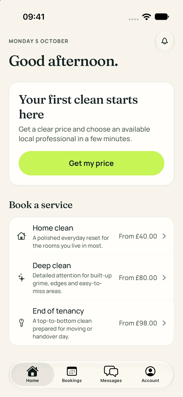 CleanHelp on iPhone, with services and the native iOS tab bar