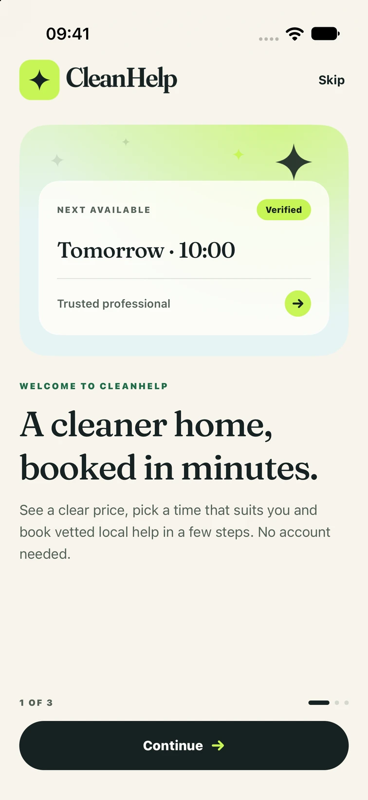 CleanHelp on iPhone, introducing home cleaning bookings